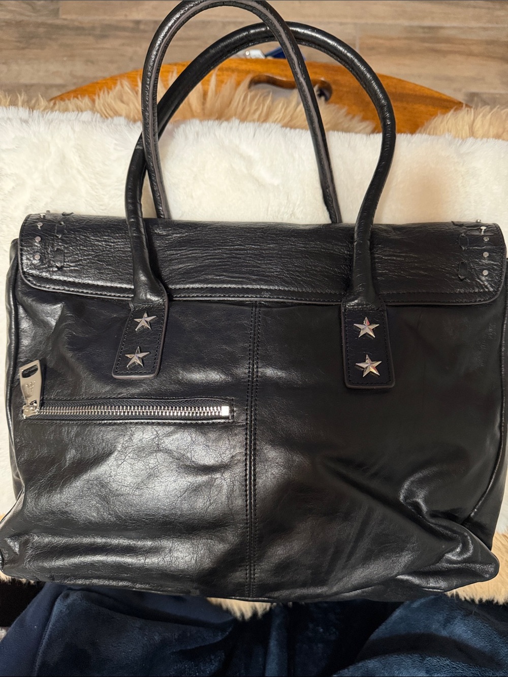 Aimee Kestenberg Black Leather American Flag Tote Bag Studded Satchel Handbag - Picture 4 of 13
